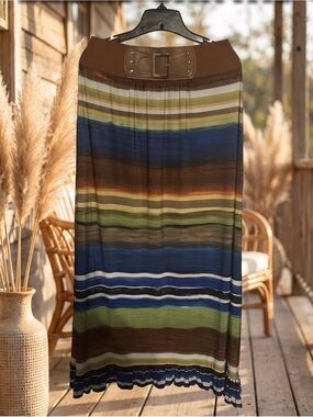 Magic Striped Maxi Skirt with Belt - Brown/Blue/Green